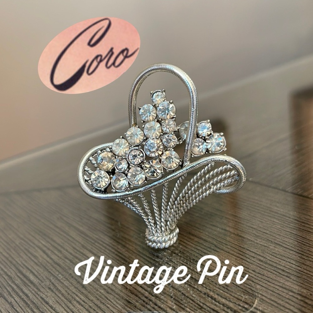 Vintage CORO Silver-Tone Basket Pin Filled with Rhinestones